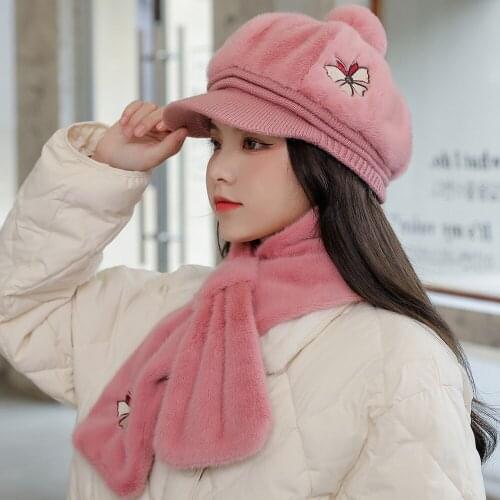 New Women Smile Rainbow Casual Winter Hat Outdoor Keep Warm Suit Hat Scarf Set For Female Street Thick Hat