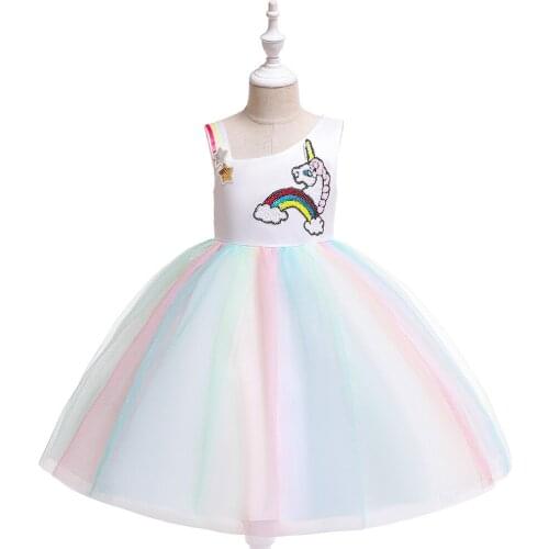 2021 New Unicorn Rainbow Princess Skirt Slanted Shoulder Sling Mesh Dress Childrens Cartoon Performance Costume