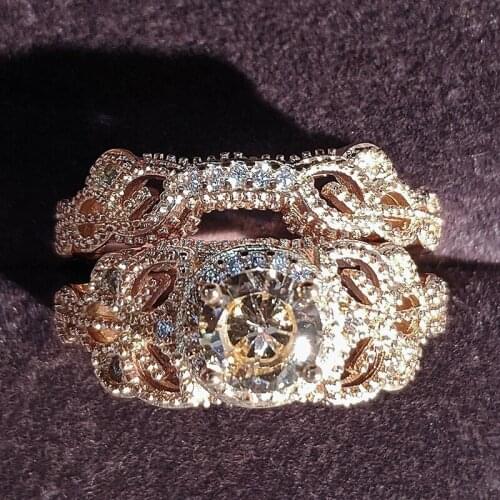 2021 new luxury Rose Gold Color halo wedding ring set for women lady anniversary gift jewelry wholesale moonso R5056