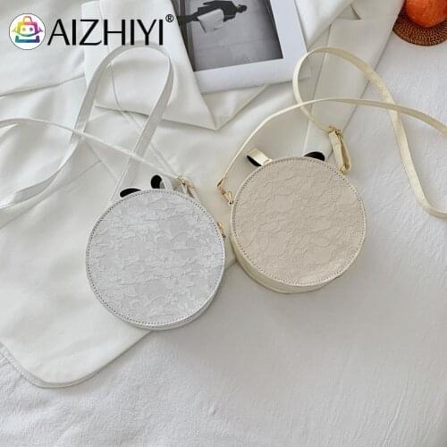 New Women Lace Flower PU Soft Leather Women Designer Handbag Solid Color Round Shoulder Messenger Bag Mini Purse