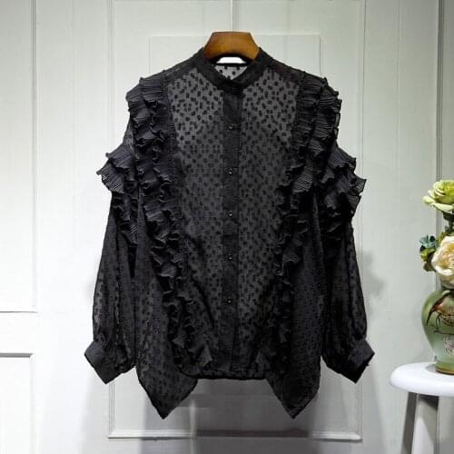 Pleated ruffles solid women shirts 2020 summer new see through bat-wing sleeve loose patchwork chiffon shirts outwear female top