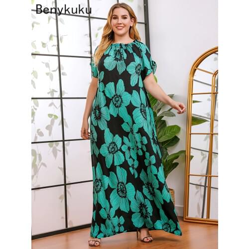Plus Size Vintage Floral Print Long Maxi Dress Short Sleeve Casual Loose Female Turkey Arabic Robe 2021 Summer Women Clothes
