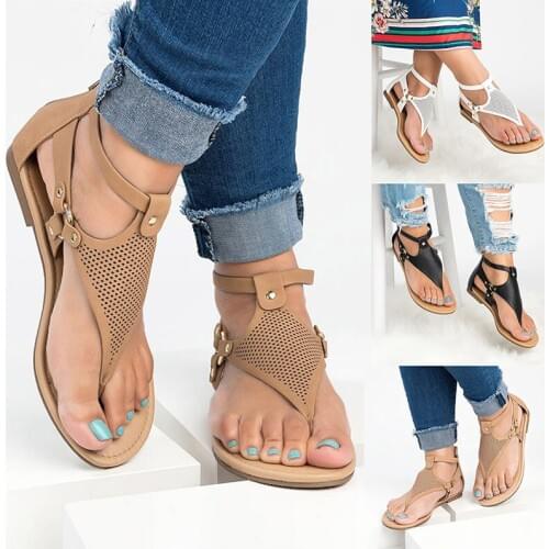 Thong Sandals Summer Ladies Tie Solid Color Roman Sandals Hollow Zipper Flat Casual Outdoor Beach Shoes