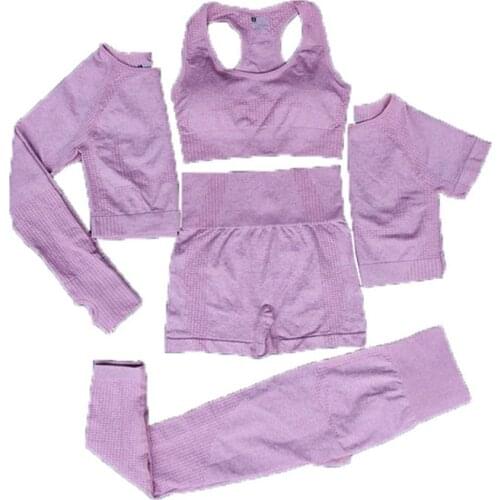 2/3/5PCS High Waist Leggings Sports Suits Seamless Women Yoga Set Workout Sportswear Gym Clothing Fitness Long Sleeve Crop Top