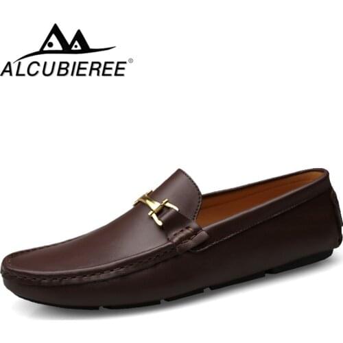 ALCUBIEREE Italian Mens Shoes Casual Brands Slip On Formal Luxury Shoes Men Loafers Moccasins Genuine Leather Driving Shoes