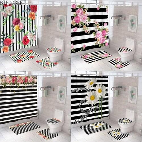 3D Beautiful Flowers Printed Shower Curtain Waterproof Fabric Bathroom Curtains Stripes Toilet Cover Non-Slip Carpet Bath Mats