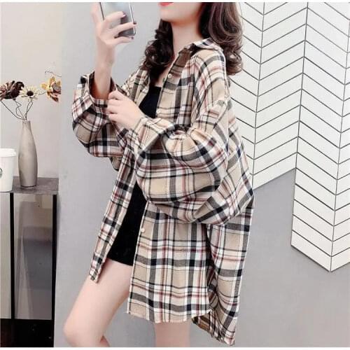 Plaid shirt female retro new 2021 spring and autumn long sleeve medium and long loose design shirt woman top plus size