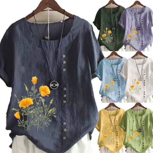 Womens Casual Flowers Printed Linen Tops Round Neck Short Sleeved Plus Size T-Shirt Loose Graphic Blouse