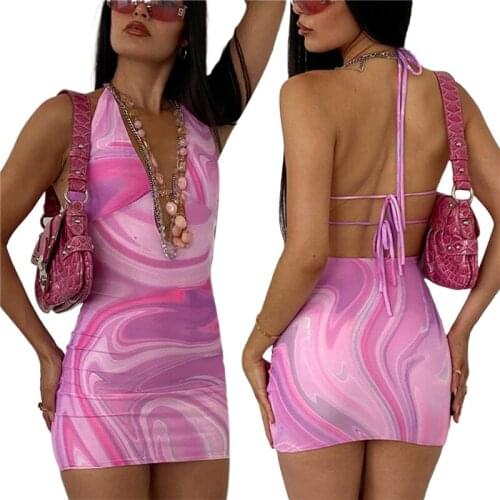 Women’s Fashion Water Ripple Printing Dress Sexy Hollow Halter Tie-up Skinny Short Dress
