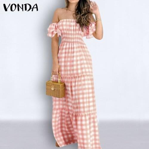 Women Off Shoulder Dress Summer Bohemian Sundress Short Sleeve Party Plaid Dress 2021 VONDA Casual Robe Femme Vestidos