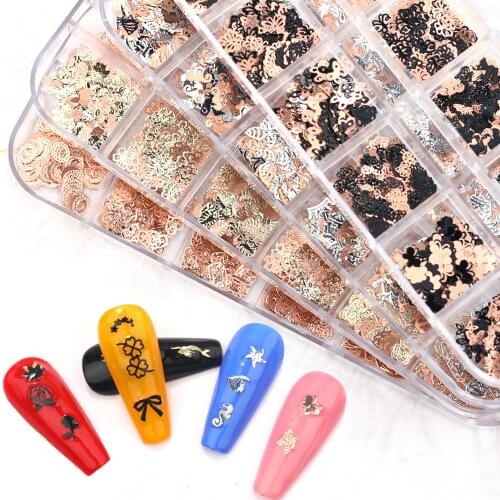 1Box Metal Nail Art Flake 12gird Various Shapes Ultra-thin Gold/Sliver/Black Hollow Alloy Accessories Manicure Decoration CVS12