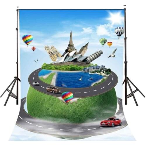 150x220cm The World Famous Buidings with Earth Backdrop Blue Sky Designed Photography Background