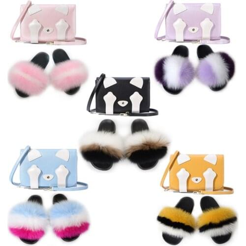 2021Summer Womens Real Fox Fur Slippers Girls Fluffy Slides Female Luxury Shoes Ladies Furry Sandals Lovely Shoulder Bags Sets