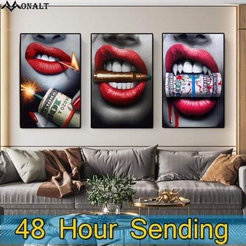 Abstract Art Bite money woman Sexy lips Canvas Painting Nordic Creativity Figure poster and Prints Living Room Decor Picture