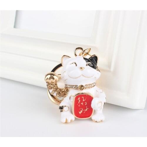 White Furtune Money Cat Pendant Charm Rhinestone Crystal Purse Bag Keyring Key Chain Accessories Wedding Party Lover Friend Gift