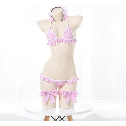 Cute Girls Maid Cosplay Bra Set Anime Bikini Uniform Lolita Plaid Lotus Leaf Underwear Sexy Womens Pleated Lingerie Sleepwear