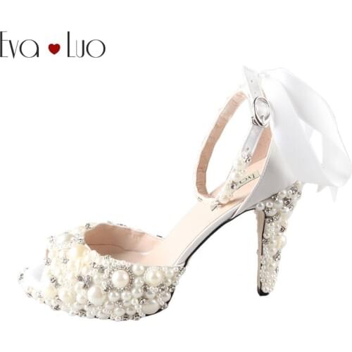 CHS498 Custom Handmade Bowtie Ankle Strap Ivory Pearl Bridal Wedding Shoes Big Size High Heel Two-Piece Ankle Strap Women Shoes