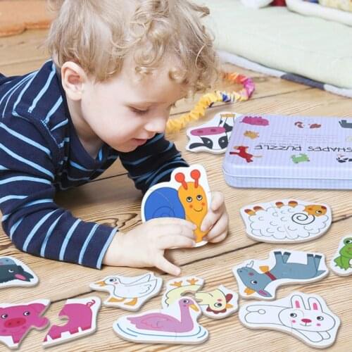 Baby Puzzle Toys Iron Box Infant Early Head Start Training Cognitive Card Vehicle/Fruit/Animal Set Pair Puzzle Educational Gift
