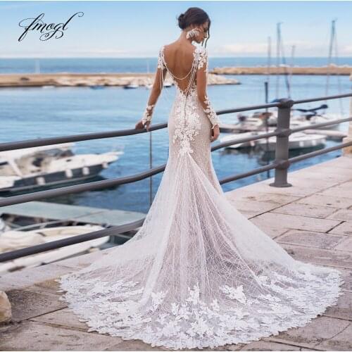 Fmogl Sexy Backless Long Sleeve Lace Mermaid Wedding Dresses 2021 Luxury Scoop Appliques Pearls Court Train Trumpet Bride Gowns