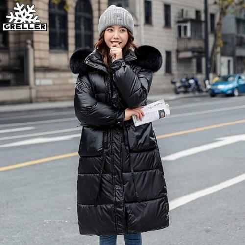 GRELLER Winter Warm Glossy Parkas Women Fashion Fur Hooded Big Pockets Winter Coats Women Elegant Long Cotton Jacket Coat Female