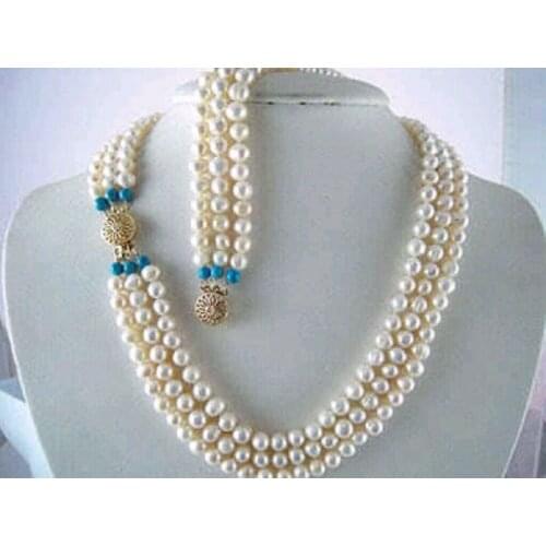7-8MM 3 row WHITE FW PEARL NECKLACE + BRACELET JEWELRY SET