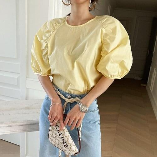 Dongdaemun Korea Pure color round neck puff sleeve chiffon shirt