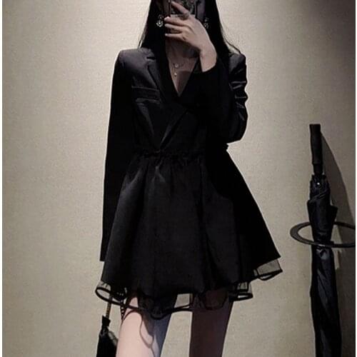 Summer Harajuku Street Girl Korean Fashion Sexy Woman Punk Suit Collar Uniform Dress Elegant Offiec Lady Mesh Patchwork Dress