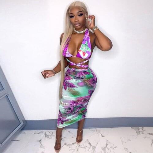 Summer Leaves Print Two Piece Set Women Deep V Neck Sleevless Bandage Crop Top+hipster Body-shaping Maxi Skirt Party Clubwear