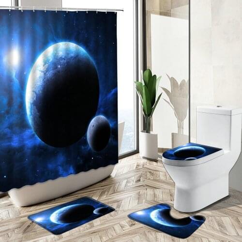 Moon Shower Curtain Ocean Clouds Nature Photography Evening Scene Bathroom Non-Slip Carpet Toilet Cover Floor Mat Set Washable