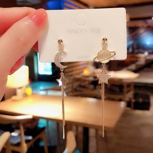Stars Moon Universe Asymmetric Long Earrings Crystal Earrings Female Pentagram Earrings