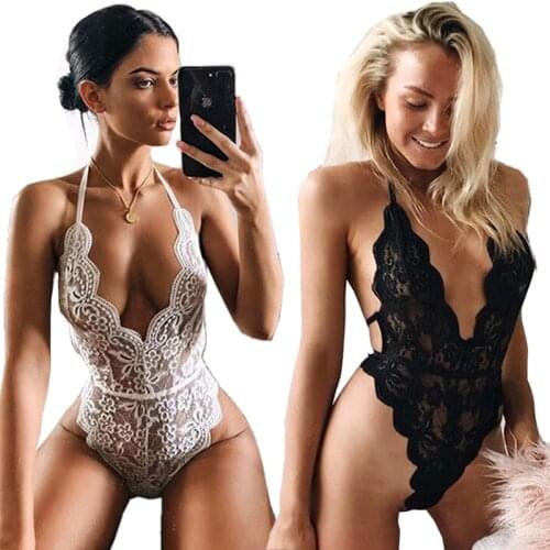 Babydoll Lingerie Sexy Hot Erotic Bodysuit Women Lace Deep V Hollow Out Underwear One Piece Halter Open Porno Sexy Costumes Body