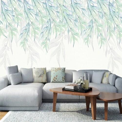 Custom 3D Waterproof Canvas Fabric Self-adhesive Mural Wallpaper Wall Decals Green Leaves Bedroom Living Room Background Sticker