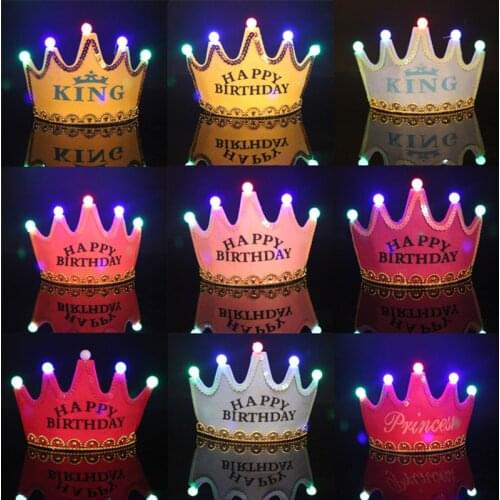 Led King Princess Crown Hats Boy Girl Happy Birthday Decoration Baby Shower Supplies Party Hat Glitter Children Birthday Gift