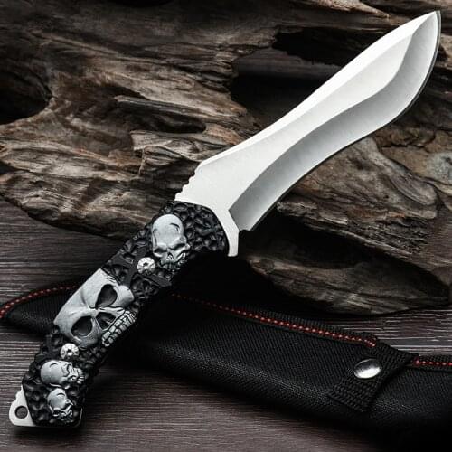 Tactical Handle Bowie Knife All Steel Skull Handle Outdoor Camp Survival Self Defense Gear Hunting Full Tang Fixed Blade Knives
