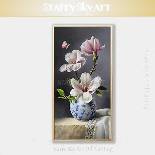 Top Artist Hand-painted Realist Flower in Vase Oil Painting Beauty Chinese Blue and White Porcelain Oil Painting for Living Room