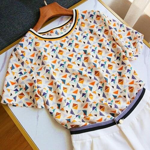 Geometric Print Short-sleeved Top 2021 New Round Neck Chiffon Shirt Women Loose Bottoming Shirt T-shirt Women Tops Blouse Women
