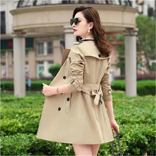 Autumn Women Trench Coat Slim Double-Breasted Mid-Length Khaki Windbreakers Female Classic Basic Coats Outerwear Belt Clothing