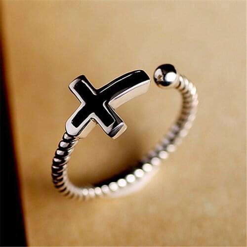 925 Sterling Silver Unique Black Vinyl Cross Shape Twist Rope Thai Silver Open Ring Jewlery For Men Women S-R59