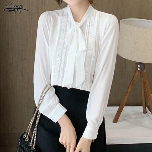 2021 Autumn Bowknot Lace Chiffon Blouses Women Long Sleeve Folded Loose Elegant Lady Top Fashion Ribbon Splice Shirt Women 16629