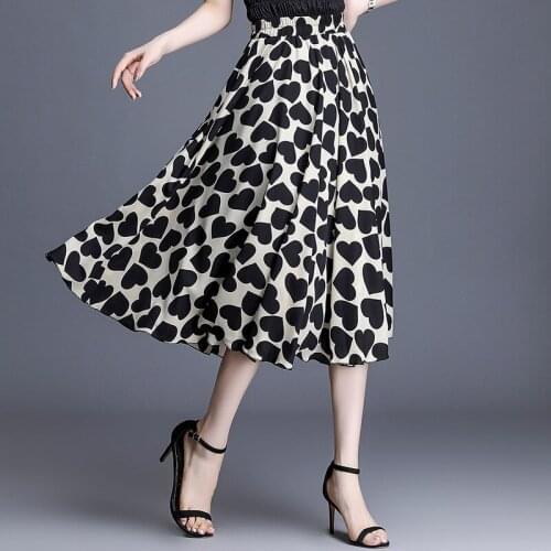 Elastic Waist Chiffon Bust Skirt Womens 2021 New Summer Fashion New High Waist Love Pattern Temperament Mid-Length A-Line Skirt
