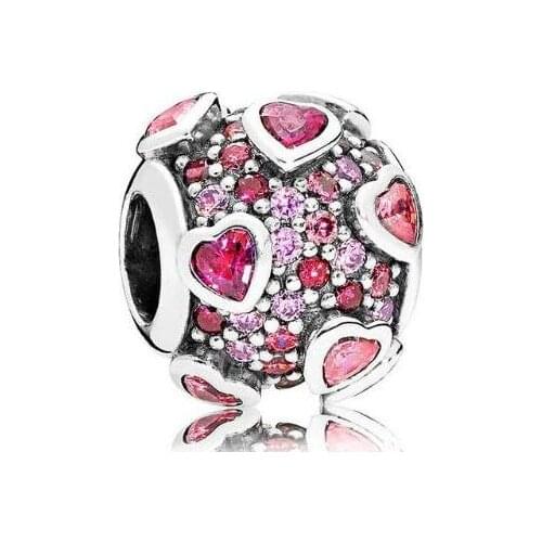 Genuine 925 Sterling Silver Charm Faceted Pink & Red Explosion Of Love With Crystal Bead Fit Women Pan Bracelet & Necklace