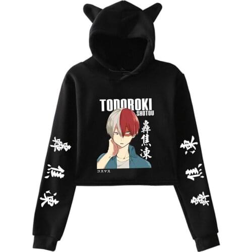My Hero Academia Cat Ear Hoodies Women Long Sleeve Hooded Crop Sweatshirts Todoroki Shoto Anime Casual Streetwear Clothes