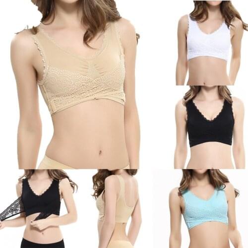 Ladies Solid Color Front Cross Side Button Lace Sports Bra Full Cup Bra Vest Top Sexy Attractive Girls Breathable Simple Vest