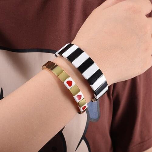 Golden Tila Enamel Bracelet Love Letter Alphabet Bracelet Colorblock Bracelet Elastic Rectangle Bracelet Miuki Tile Bracelets