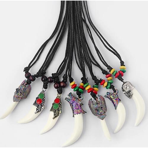 1pcs Faux Yak Bone Resin White Wolf Tooth Wolf Head Cap Pendant Necklace Surfer Boho Jewellery