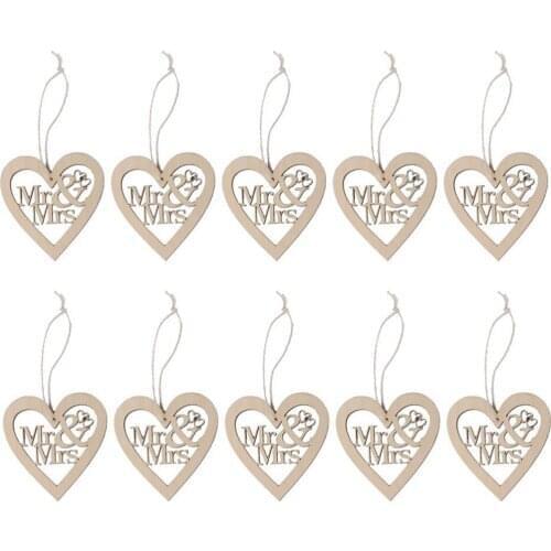 10pcs Heart Shaped Mr and Mrs Wooden Hanging Ornament Christmas Tree Ornaments Wedding Decoration Pendants with String (Wood)