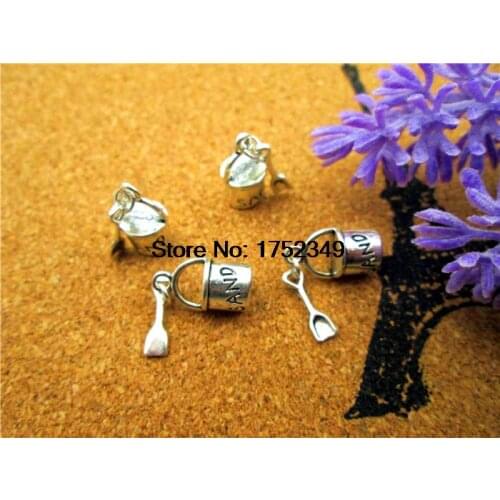 10pcs- Antique Tibetan Silver Beach Pail Charms Pendants, 3D with Dangle Shovel Charm Jewelry Making 30x8mm