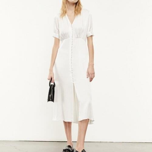 100% Viscose Women V-Neck Midi Dress Ladies Single-Breasted Elegant Split Short-Sleeved Simple Long Dresses Robe 2021 New