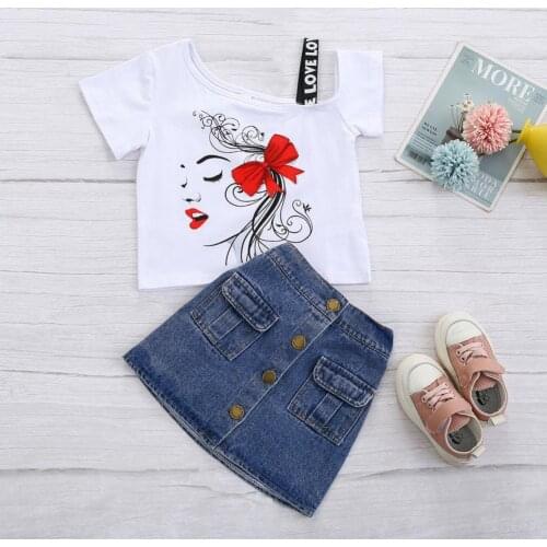 2Pcs/Set Kids Outfit Irregular Neck Denim Skirt Pretty Short-sleeved Summer Floral Print Girls Outfit for Going Out