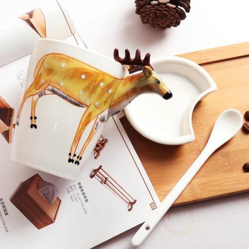 3D three-dimensional animal mug with cover the large capacity glass ceramic cup creative couple coffee cups of milk